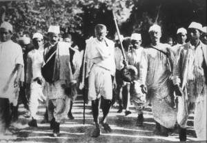 Gandhi on the Salt March, 1930; public domain photo; photographer unknown